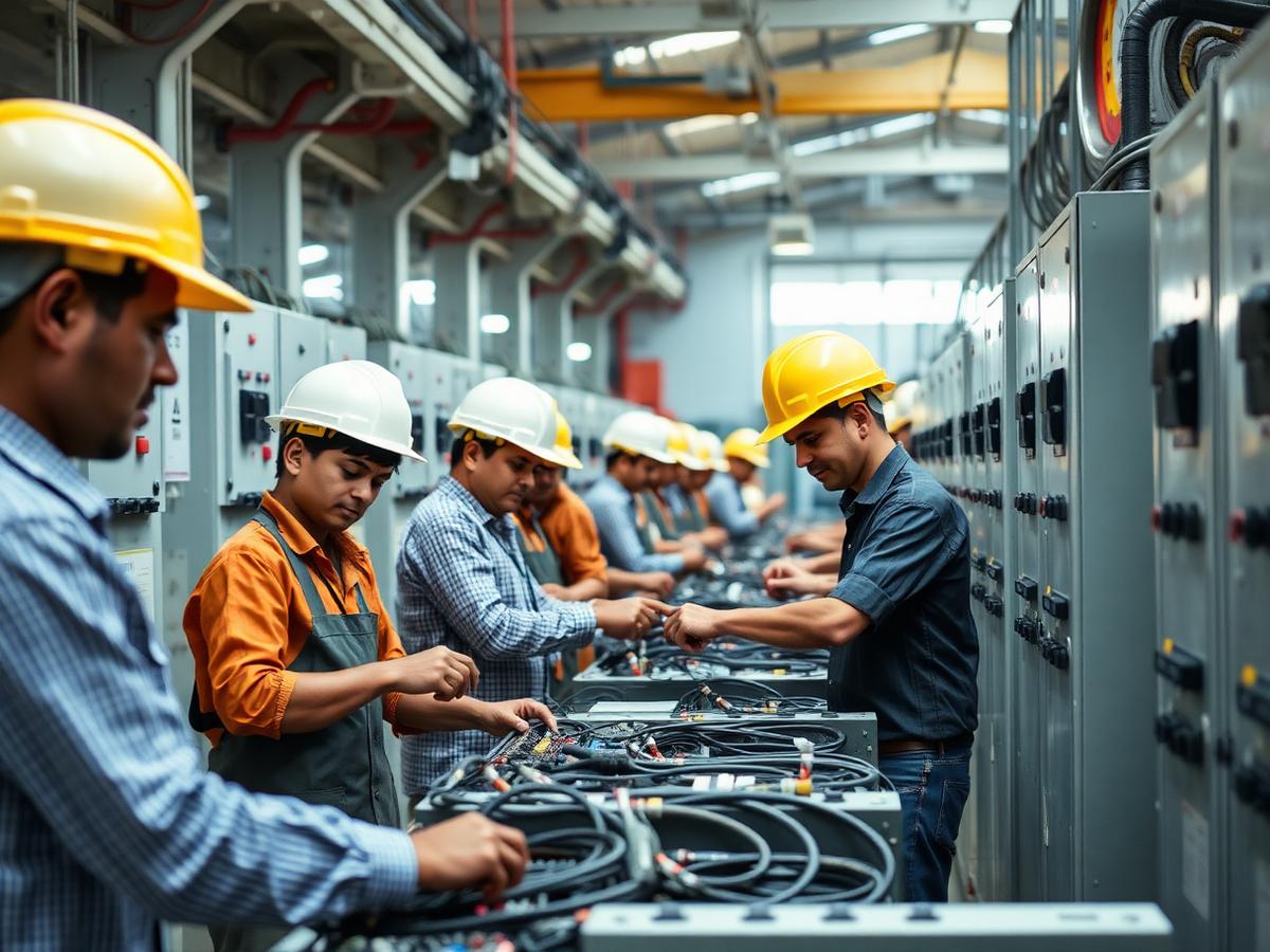 Technicians assembling electrical panels at our manufacturing unit